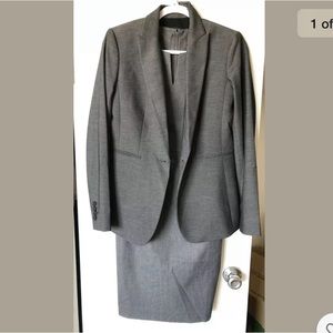 Ann Taylor Gray 2 Piece Dress Blazer Suit Sz 00/0 Sleeveless Pencil Dress Jacket